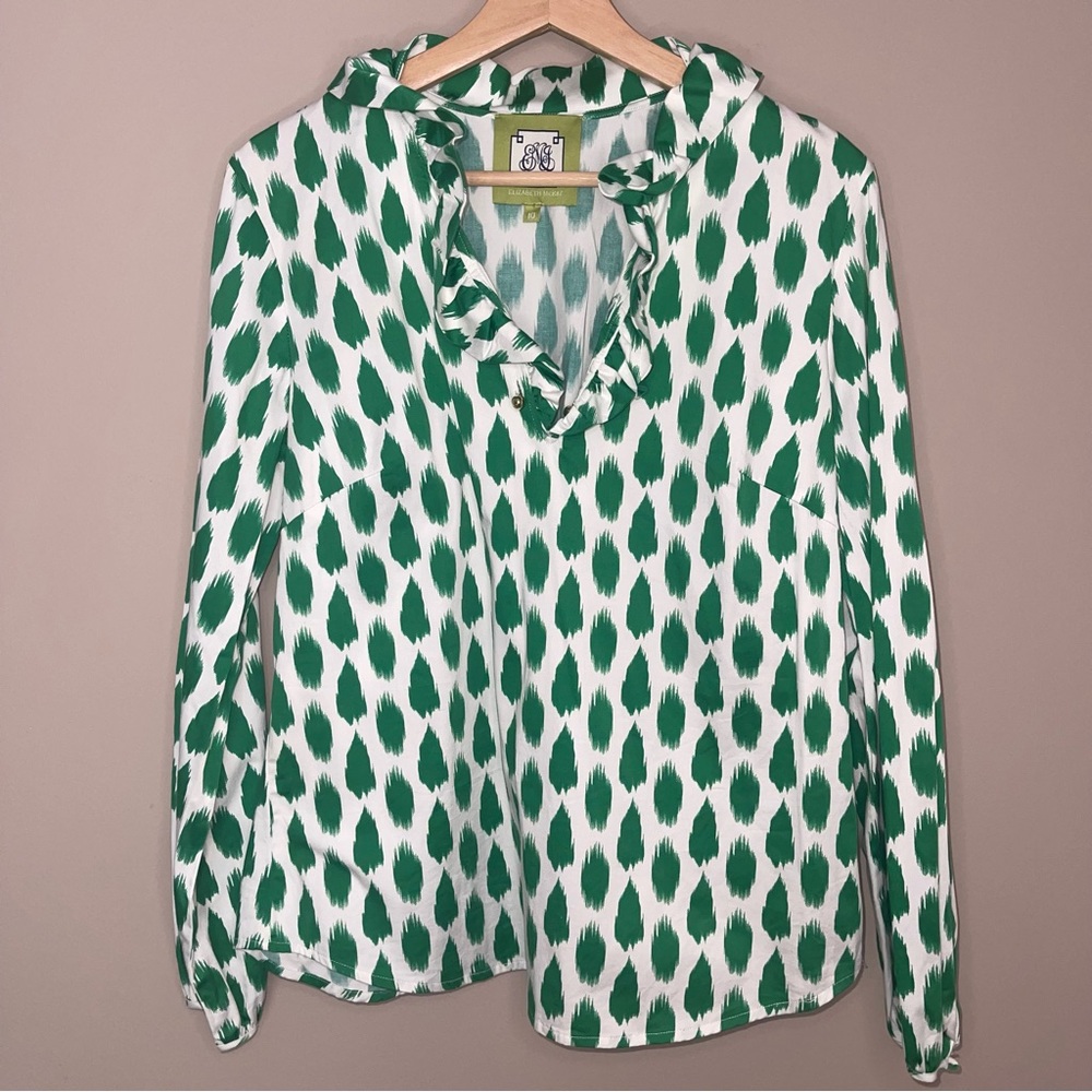 Elizabeth McKay Elizabeth Long Sleeve Ruffle Neck Blouse White/Green Size 10